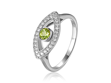 Peridot with Moissanite Accents Rhodium Over Sterling Silver Evil Eye Halo Ring