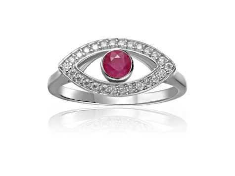 Ruby with Moissanite Accents Rhodium Over Sterling Silver Evil Eye Halo Ring