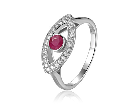 Ruby with Moissanite Accents Rhodium Over Sterling Silver Evil Eye Halo Ring