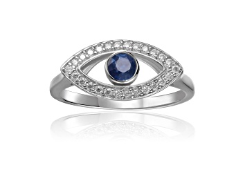 Picture of Blue Sapphire with Moissanite Accents Rhodium Over Sterling Silver Evil Eye Halo Ring