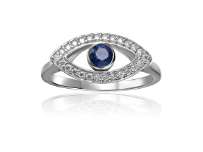 Blue Sapphire with Moissanite Accents Rhodium Over Sterling Silver Evil Eye Halo Ring