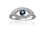 Blue Sapphire with Moissanite Accents Rhodium Over Sterling Silver Evil Eye Halo Ring
