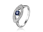 Blue Sapphire with Moissanite Accents Rhodium Over Sterling Silver Evil Eye Halo Ring