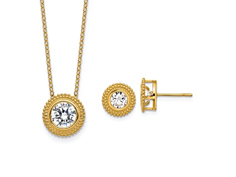 14K Yellow Gold Cubic Zirconia Bezel 16-inch with 2-inch Extension Necklace and Earring Set