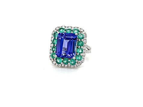 Rectangular Octagonal Tanzanite, Emerald and White Diamond 14K White Gold Ring