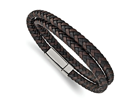 Brown and Black Braided Leather and Stainless Steel Polished 15.75-inch Wrap Bracelet
