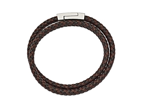 Brown and Black Braided Leather and Stainless Steel Polished 15.75-inch Wrap Bracelet
