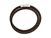 Brown and Black Braided Leather and Stainless Steel Polished 15.75-inch Wrap Bracelet