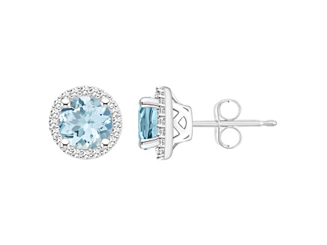 6mm Round Aquamarine 1/5 ctw Diamond Rhodium Over Sterling Silver Halo Stud Earrings