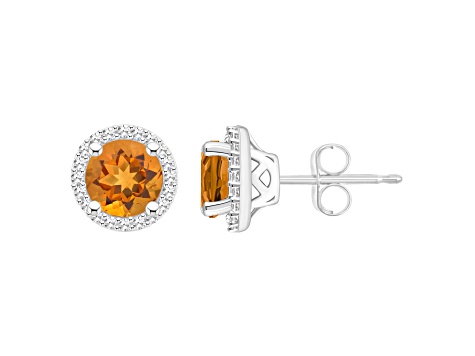 6mm Round Citrine 1/5 ctw Diamond Rhodium Over Sterling Silver Halo Stud Earrings