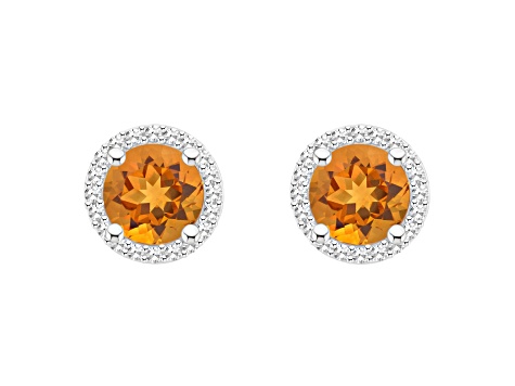 6mm Round Citrine 1/5 ctw Diamond Rhodium Over Sterling Silver Halo Stud Earrings