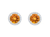 6mm Round Citrine 1/5 ctw Diamond Rhodium Over Sterling Silver Halo Stud Earrings