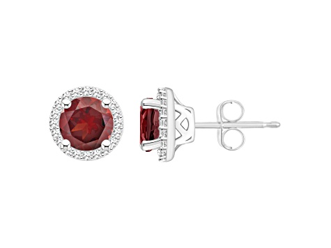 6mm Round Garnet 1/5 ctw Diamond Rhodium Over Sterling Silver Halo Stud Earrings