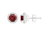 6mm Round Garnet 1/5 ctw Diamond Rhodium Over Sterling Silver Halo Stud Earrings