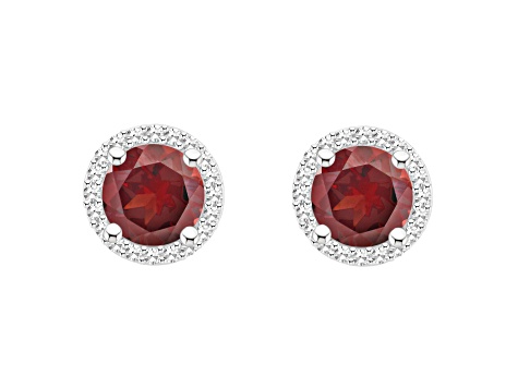 6mm Round Garnet 1/5 ctw Diamond Rhodium Over Sterling Silver Halo Stud Earrings