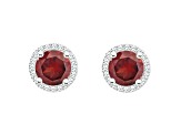 6mm Round Garnet 1/5 ctw Diamond Rhodium Over Sterling Silver Halo Stud Earrings