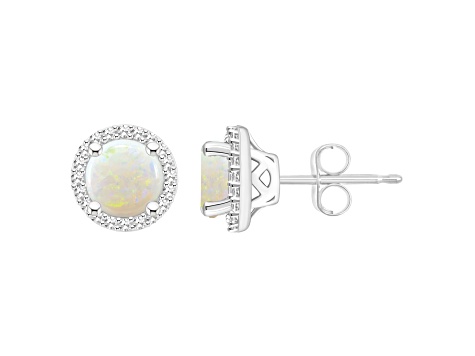 6mm Round Opal 1/5 ctw Diamond Rhodium Over Sterling Silver Halo Stud Earrings