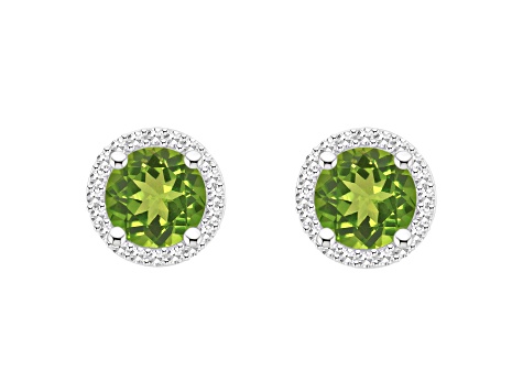 6mm Round Peridot 1/5 ctw Diamond Rhodium Over Sterling Silver Halo Stud Earrings