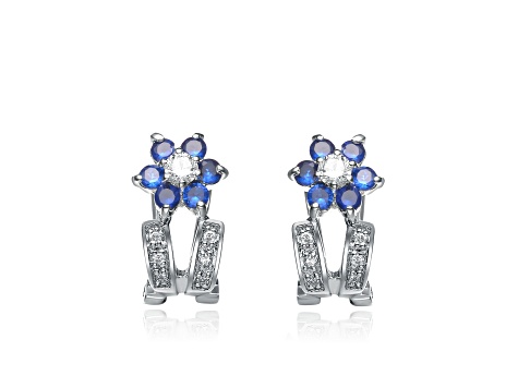 Sapphire Blue Cubic Zirconia, Rhodium Plated over Sterling Silver Flower Earrings