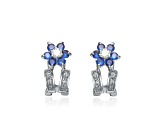 Sapphire Blue Cubic Zirconia, Rhodium Plated over Sterling Silver Flower Earrings
