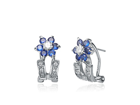 Sapphire Blue Cubic Zirconia, Rhodium Plated over Sterling Silver Flower Earrings