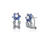 Sapphire Blue Cubic Zirconia, Rhodium Plated over Sterling Silver Flower Earrings