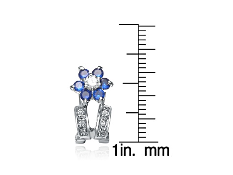 Sapphire Blue Cubic Zirconia, Rhodium Plated over Sterling Silver Flower Earrings