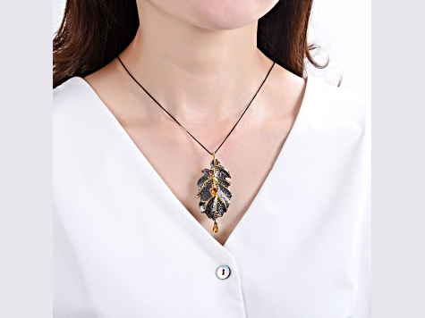 Citrine Black Rhodium and 14K Gold Over Sterling Silver Leaf Pendant With Chain