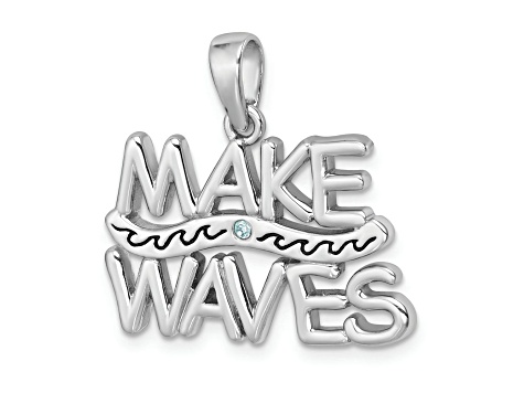 Rhodium Over Sterling Silver Polished 'Make Waves' with Crystal Pendant