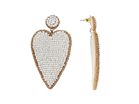 Off Park® Collection, White Seed Beaded Heart Drop Earring.