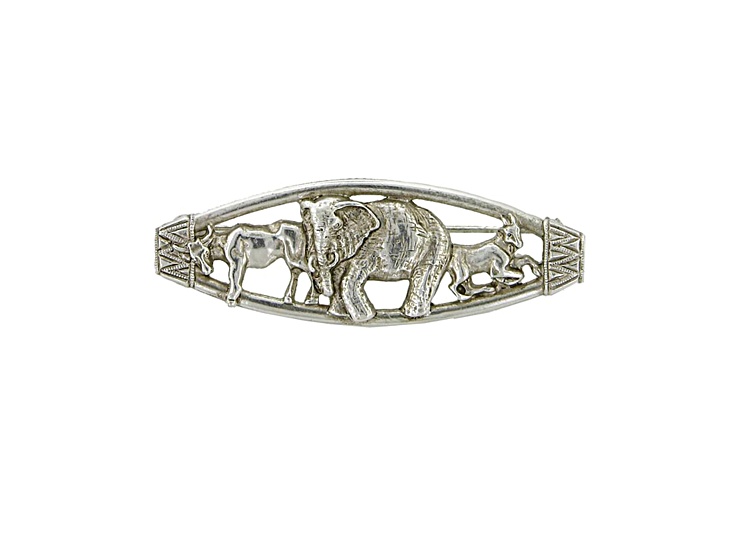 1928 Jewelry Silver Tone Sculpted Ox, Elephant and Goat Animal Brooch