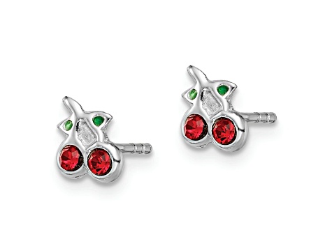 Rhodium Over Sterling Silver Red and Green Crystal Cherries Post Earrings