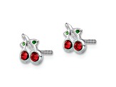 Rhodium Over Sterling Silver Red and Green Crystal Cherries Post Earrings