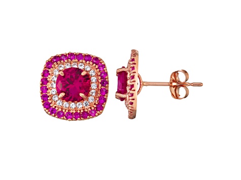 Lab Created Ruby 10K Rose Gold Double Halo Earrings 1.78ctw