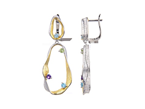 Blue Topaz, Peridot and Amethyst Rhodium Over Sterling Silver Earrings