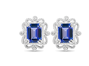Picture of Rectangular Octagonal Tanzanite and CZ Rhodium Over Sterling Silver Earrings, 4.13ctw