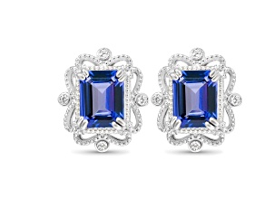 Rectangular Octagonal Tanzanite and CZ Rhodium Over Sterling Silver Earrings, 4.13ctw