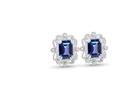 Rectangular Octagonal Tanzanite and CZ Rhodium Over Sterling Silver Earrings, 4.13ctw