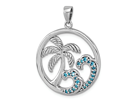 Rhodium Over Sterling Silver Cubic Zirconia Wave and Palm Tree Pendant