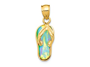 14k Yellow Gold Polished and Textured 3D with Lab Created White Opal Flip-Flop Pendant
