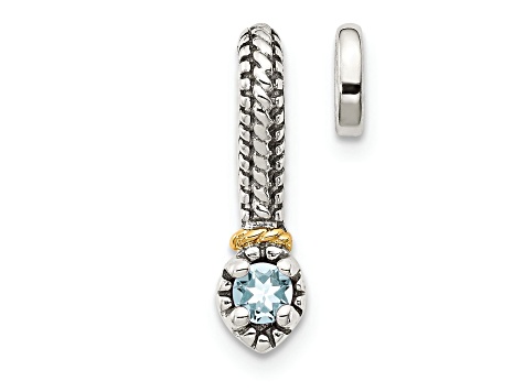 Rhodium Over Sterling Silver Antiqued with 14k Accent Aquamarine Chain Slide Pendant
