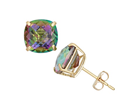 Cushion Mystic Fire Green Topaz 10K Yellow Gold Earrings 2.80ctw