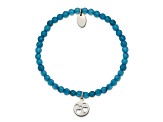 Stainless Steel Polished Hearts Blue Jade Beaded Stretch Bracelet