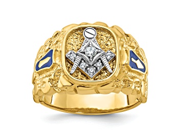Picture of 10K Two-tone Yellow and White Gold Nugget Textured Diamond Blue Lodge Masonic Ring 0.1ctw
