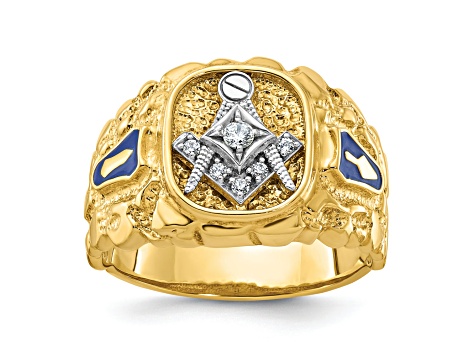 10K Two-tone Yellow and White Gold Textured and Enamel Diamond Blue Lodge Masonic  Ring 0.1ctw - 12T55A