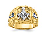 10K Two-tone Yellow and White Gold Nugget Textured Diamond Blue Lodge Masonic Ring 0.1ctw