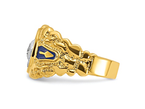 10K Two-tone Yellow and White Gold Nugget Textured Diamond Blue Lodge Masonic Ring 0.1ctw