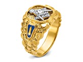 10K Two-tone Yellow and White Gold Nugget Textured Diamond Blue Lodge Masonic Ring 0.1ctw