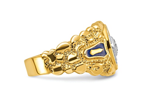 10K Two-tone Yellow and White Gold Nugget Textured Diamond Blue Lodge Masonic Ring 0.1ctw