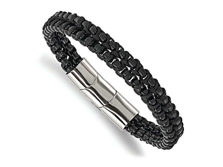 Black Cotton and Stainless Steel Polished Black IP-plated 8.5-inch with 0.5-inch Extension Bracelet
